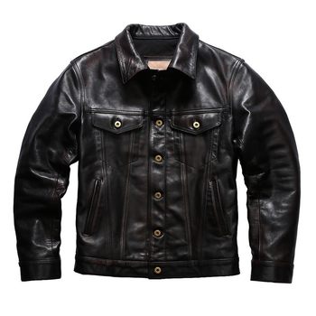 Denim Jacket 557 Oil Waxed Horseskin Lapel Casual Slim Short Motorcycle Leather Jacket Trendy Men's Leather Jacket ຂອງແທ້