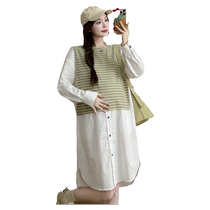 Maternity Dress Summer 2024 New Fashion Style Loose Long Sleeve Pregnancy Striped Shirt Skirt Spring and Autumn Women