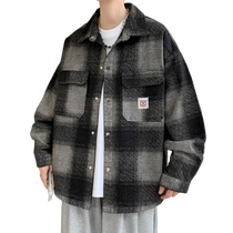 American retro denim jacket mens spring and autumn shirt-style work jacket mens loose casual plaid top clothes