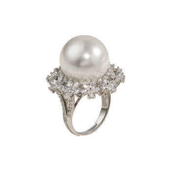 Deep-Sea Australian Mother-Of-Pearl Oversized Pearl Ring with Full Diamond Floral Design, All-Over S925 Silver, Light Luxury, High-End Feel, Adjustable