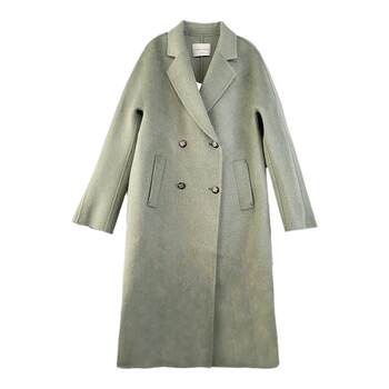 诗梦女装秋冬气质灰绿色中长款西装翻领双排扣通勤直筒羊毛大衣