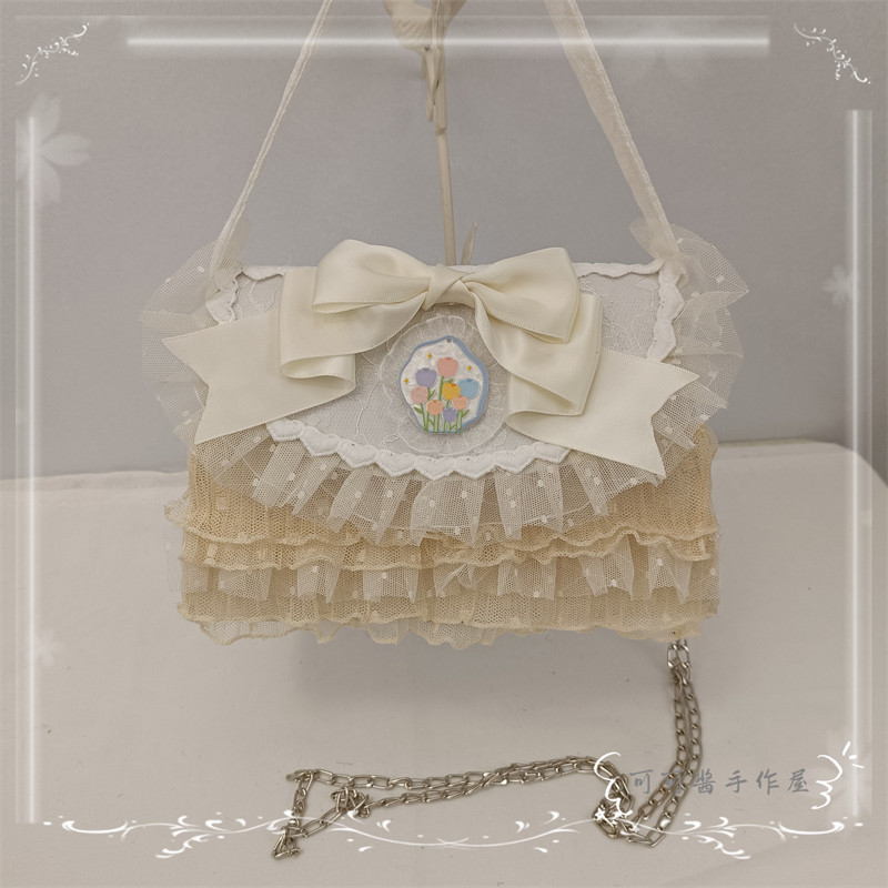 Original Tulip Lolita Elegant Handbag Small Square Bag with Lace Bow and Pearl Chain Shoulder Bag