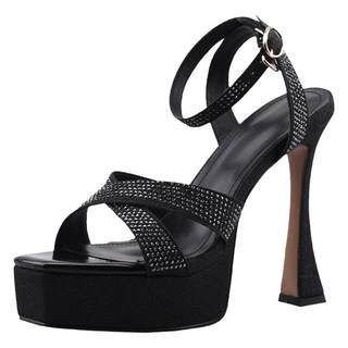 misili时尚水钻粗跟凉鞋女2025夏季新款13cm高跟鞋防水台黑色女鞋