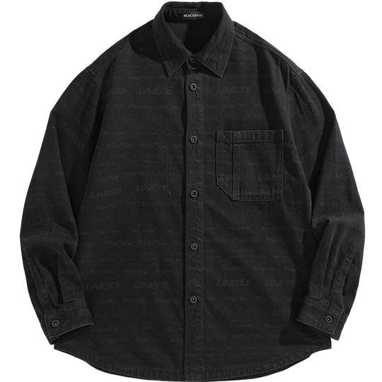 太平鸟男装 潮流休闲黑色长袖衬衫夏季黑色牛仔外套潮流