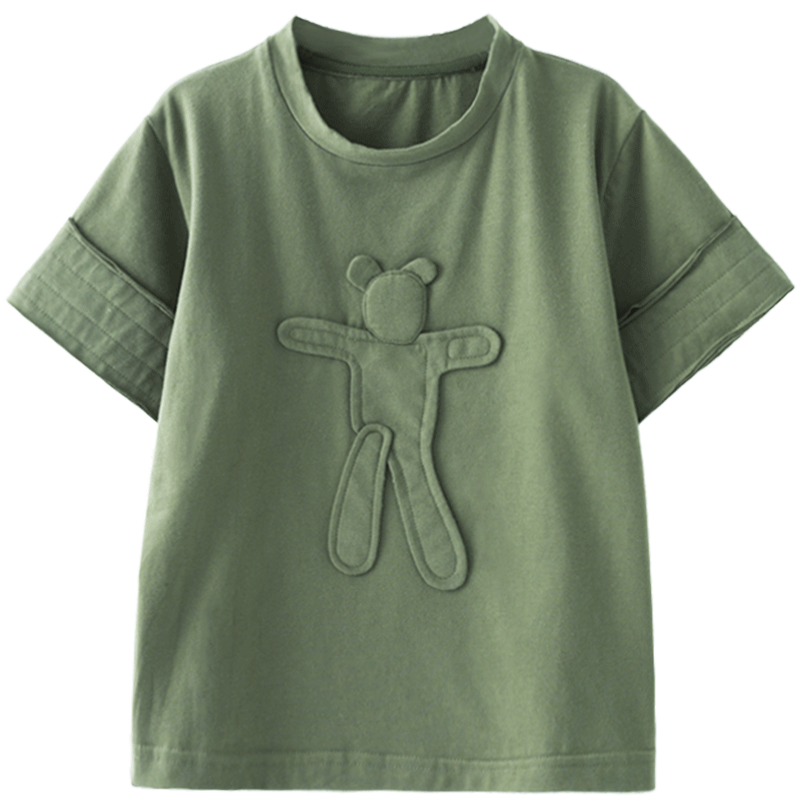 
oddtails boy bear embroidered short-sleeved 2025 summer new style mid-large children's personality original loose top