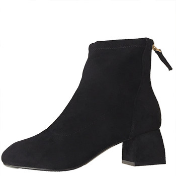 ເກີບສັ້ນສໍາລັບແມ່ຍິງພາກຮຽນ spring ແລະດູໃບໄມ້ລົ່ນ 2023 ໃຫມ່ velvet winter slim boots square toe versatile single boots Martin boots medium heel thick heel boots