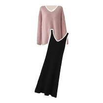 Jingqi maternity dress suit autumn and winter 2024 new style lazy style loose V-neck sweater suspender skirt two-piece set