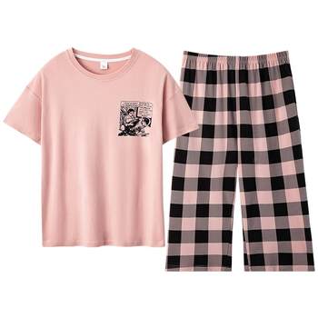 100% cotton 100% short-sleeved cropped pants pajamas for women summer students Korean style plaid casual wearable simple home clothes