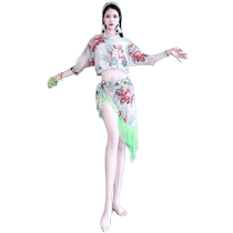 Belly dance clothing printed mesh vest two-piece top tassel triangle scarf set summer childrens performance clothing for beginners
