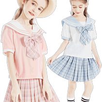 Girls JK suit childrens new short-sleeved skirt summer thin two-piece suit for older children college style uniform skirt