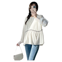 Maternity wear autumn 2024 new contrasting color fake two-piece design slim loose large size versatile long-sleeved top for women