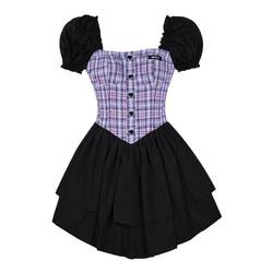 SagiDolls Girls' Fighting Spirit Sweet and Cool Purple Plaid Puff Sleeves High Waist Slim Slim Dress Makes Slimming and Long Legs