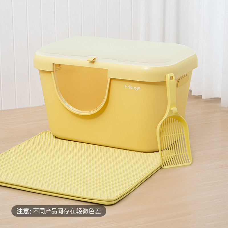 กระบะทรายแมวแบบปิดสนิท Mango Pet ขนาดใหญ่พิเศษ สีเนย ใช้งานสองแบบในตัว แบบกึ่งปิด กันกระเด็น