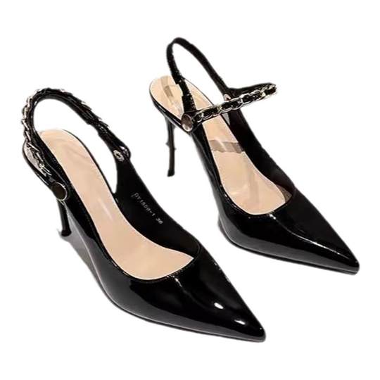 2025新款漆皮链条性感尖头浅口细跟气质法式高跟鞋女包头凉鞋黑色