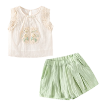 Girls summer suit 2024 new childrens new Chinese style sleeveless two-piece set childrens shorts summer baby clothes