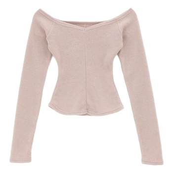 Eihey hey mid-line splicing makes you look slim solid color off-shoulder short long-sleeved high-end slim elastic long-sleeved t-shirt