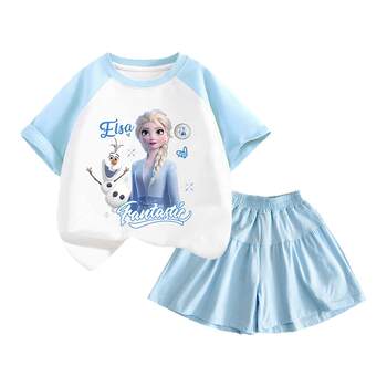 Nasa elsa elsa princess ສ່ອງແສງເຖິງເສື້ອທີເຊີດແຂນສັ້ນ cotton ບໍລິສຸດຊຸດເດັກຍິງລະດູຮ້ອນໃສ່ໂສ້ງແລະກະໂປງທີ່ມີສອງສິ້ນ