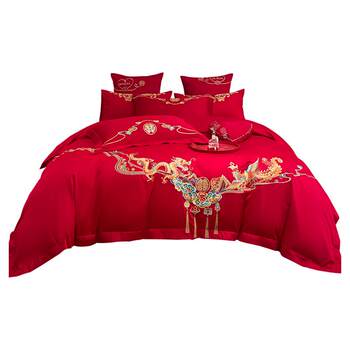 Red bean pure cotton wedding bedding four-piece set 2025 new festive dragon and phoenix cotton 40 red ten-piece set