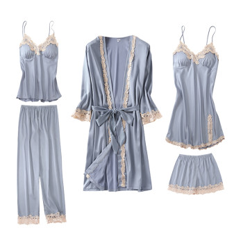 Spring and Autumn Pajamas Feminine Five-piece Set Silk Thin Nightgown Summer Ice Silk Women's Nightgown with Breast Pad Summer