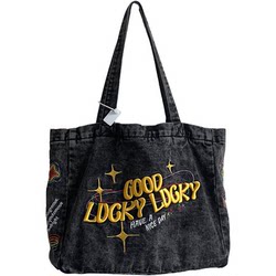 Original Heavy-Duty Embroidered Denim Gpoouy Tote Bag, Korean Style, Artistic, Trendy, Versatile, Hand-Held, Shoulder Canvas Bag for Women