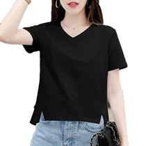 Black V Collar T-shirt Woman Short Sleeve Summer New Loose Casual Pure Cotton Compassionate Display Slim Fashion 100 Hitch Fork Blouse