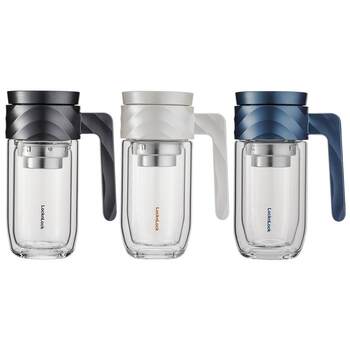 Locknlock Glass Business Water Cup for Men, Double-Layer Heat-Resistant Glass Tea Cup with Handle for Tea Separation