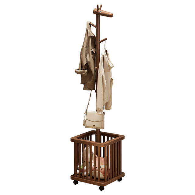 Solid wood deer clothes hanger floor-standing bedroom living room mobile clothes hanger dirty clothes basket storage rack creative children's coat rack