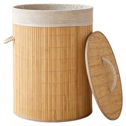Wooden Style Dirty Clothes Basket, Handmade Bamboo Woven Dirty Clothes Basket with Lid, Large Capacity Foldable Storage Basket, Household Dust-Proof Laundry Bucket