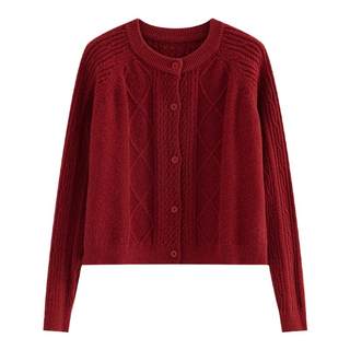 故岛百搭复古红色毛衣开衫外套女秋冬小个子短款麻花针织衫上衣女