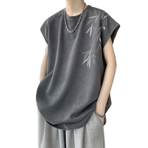 New Chinese style Chinese style suede heavyweight sleeveless t-shirt mens summer trendy brand loose vest boys waistcoat short sleeves