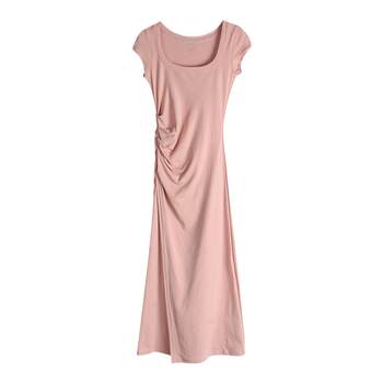 Ron korean u-neck slim t-shirt dress 2024 summer new style pleated waist side slit design mid-length skirt t