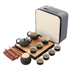 Japanese black pottery travel Kung Fu tea set home portable package ceramic teapot one pot six cups gift customization