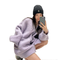 Korean style lazy style purple V-neck soft waxy sweater jacket for women autumn and winter new loose fashion versatile casual top