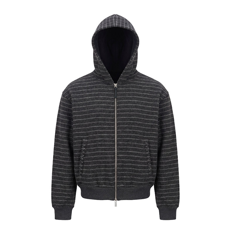 CATSSTAC gray striped wool plus velvet hooded cardigan sweatshirt for men, soft and skin-friendly, loose jacket