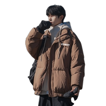 Winter retro fake two-piece hooded cotton coat for men new trendy loose thickened cotton jacket American casual warm cotton coat