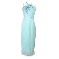 Magic Q Yao Bi Luo Yi stand collar embroidered lace shawl beaded ostrich feather halter neck dress suit