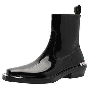 Square toe chelsea boots for men, patent leather glossy trendy iron toe mid-top high-heeled short boots side zipper high-top martin boots