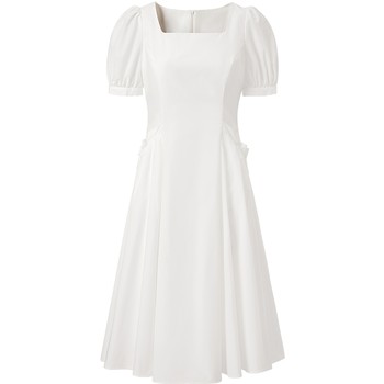 Rakucho Square Collar Shirt Dress 24 Spring New Bow Pocket Dress Relaxing Girly White Long Skirt