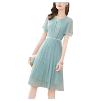 Fashionable round neck green chiffon dress for women 2024 new summer style temperament short-sleeved slim mid-length a-line skirt