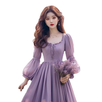 Fan-style small fragrant wind purple one-piece dress spring dress lady 2024 new fugitive princess ancient with vintage long dress