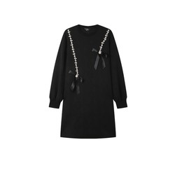 Bailuyu fashionable textured A-line skirt 2023 autumn new chain bow round neck long-sleeved dress