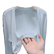 French milk blue short ice silk knitted sun protection cardigan for women in summer with a suspender skirt and a tulle air-conditioning blouse
