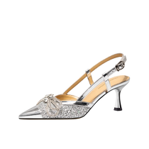 LilyWei包头凉鞋蝴蝶结气质水钻优雅宴会鞋配裙子高跟鞋大码41-43