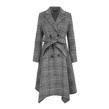 Sdeer collar plaid waisted gold wool coat