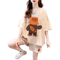 Street-friendly age-reducing fashion suit for women 2024 new summer loose casual cartoon pure cotton short-sleeved shorts two-piece set