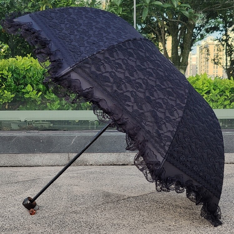 Sun umbrella, sun protection, UV protection, pure white lace trim, black vinyl, zero light transmission, three-fold, rain umbrella, women's parasol