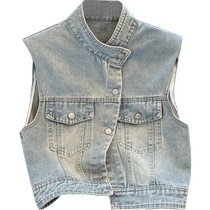 Hong Kong style retro waistcoat vest for women 2024 summer thin atmosphere sense washed distressed sleeveless denim small jacket