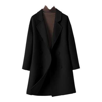 双面绒大衣女黑色中长双排扣英伦小个子2025新款高级感羊毛呢外套