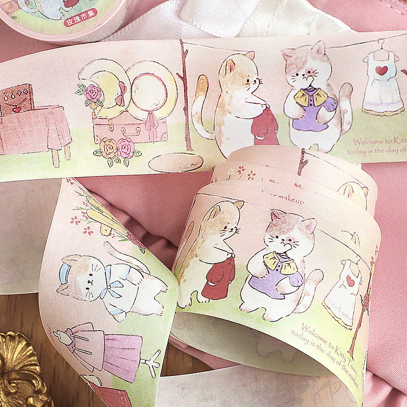 Letters, washi tape, and a cute, fluffy little animal, flower, and plant illustration in a journal.