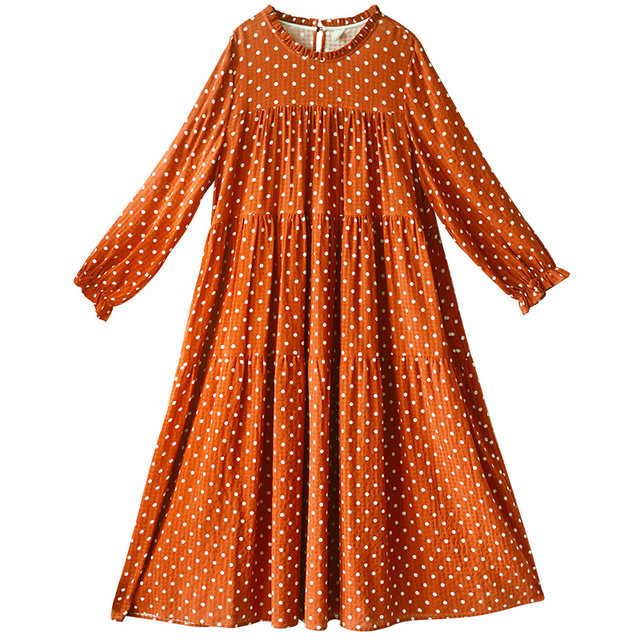 Literary orange polka dot long sleeve dress for women in spring